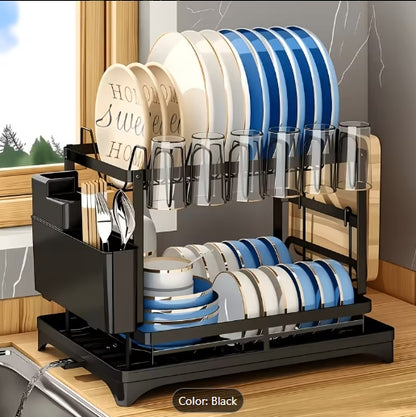 ✨🍽️ 2-Tier Golden Dish Drying Rack with Drainboard 🍽️✨